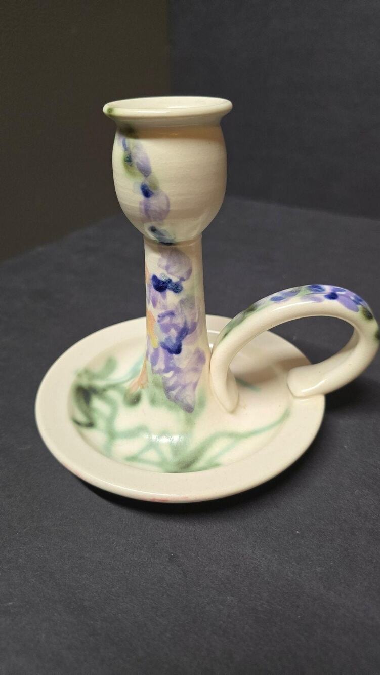 Vintage Handmade Ceramic Chamberstick Cobalt Candlestick Floral Ring Handle